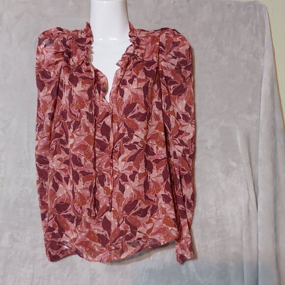 Joie Shirt S‎ Pink & Red Boho Floral Poly-Chiffon Puff Sleeve Peasant Blouse - Picture 2 of 4